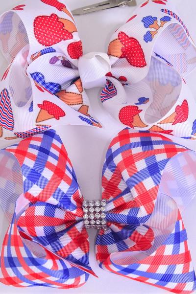 Hair Bow Jumbo Patriotic Treats Plaid Grosgrain Bowtie / 12 pcs Bow = Dozen  Alligator Clip , Bow - 6" x 5" Wide , 6 Of Each Pattern Asst , Clip Strip and UPC Code