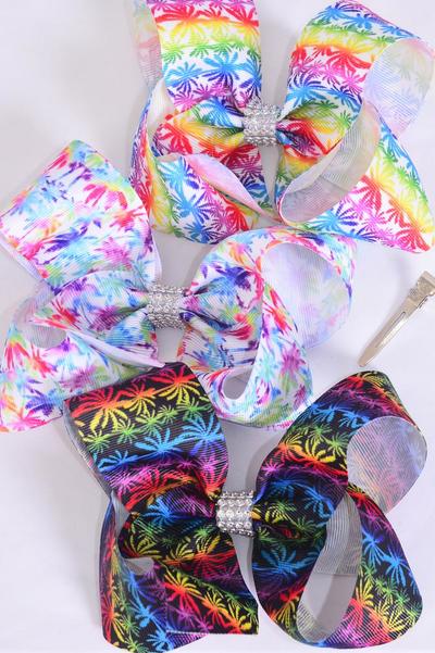 Hair Bow Jumbo Pam Tree Grosgrain Bow-tie /  12 pcs Bow = Dozen  Alligator Clip , Bow - 6" x 5" Wide , 4 of each Pattern Asst , Clip Strip & UPC Code