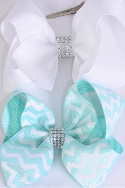 Hair Bow Jumbo Chevron Grosgrain Bow-tie Mint Green White Mix / 12 pcs Bow = Dozen  Alligator Clip , Size - 6" x 5" Wide , 6 Mint Green , 6 White Color Asst , Clip Strip & UPC Code