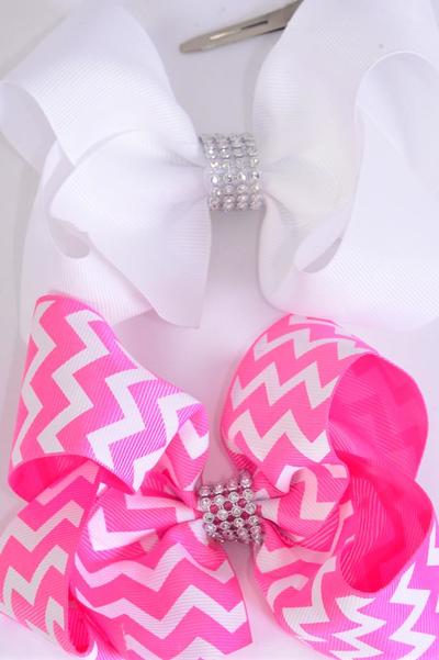 Hair Bow Jumbo Chevron Grosgrain Bow-tie Hot Pink White Mix / 12 pcs Bow = Dozen Alligator Clip , Size - 6" x 5" Wide , 6 of each Pattern Asst , Clip Strip & UPC Code