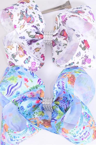 Hair Bow Jumbo Mermaid Under The Sea Grosgrain Bow-tie /  12 pcs Bow = Dozen  Alligator Clip , Bow - 6" x 5" Wide , 6 of each Pattern Asst , Clip Strip & UPC Code