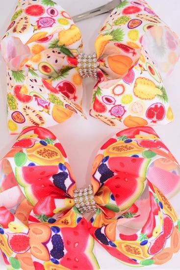 Hair Bow Jumbo Tropical Fruit Mix Grosgrain Bow-tie / 12 pcs Bow = Dozen Alligator Clip , Size - 6" x 5" Wide , 6 of each Pattern Asst , Clip Strip & UPC Code
