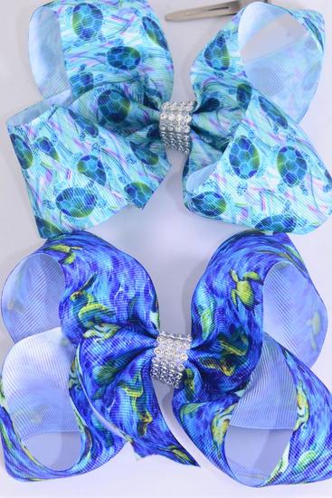 Hair Bow Jumbo Turtle Under The Sea Grosgrain Bow-tie / 12 pcs Bow = Dozen   Alligator Clip , Bow - 6" x 5" Wide , 6 of each Pattern Asst , Clip Strip & UPC Code