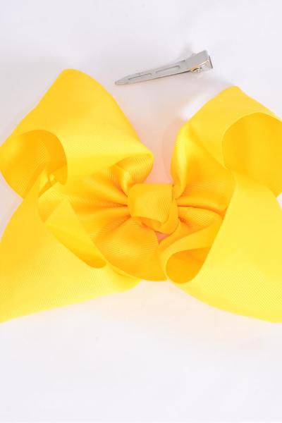 Hair Bow Extra Jumbo Cheer Type Bow Daffodil Yellow Grosgrain Bow-tie / 12 pcs Bow = Dozen Daffodil Yellow , Size-8"x 7" Wide , Alligator Clip Strip & UPC Code