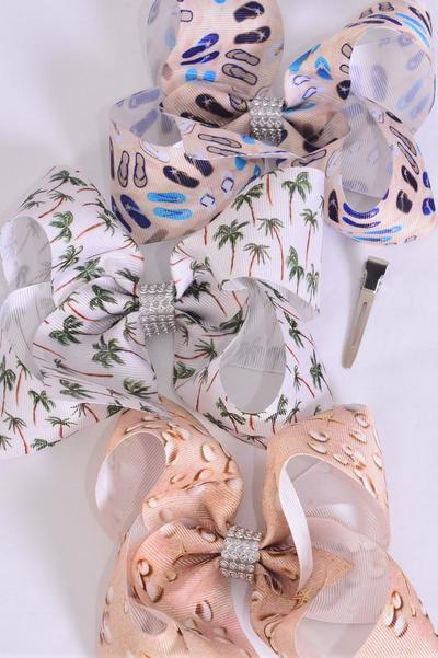 Hair Bow Jumbo Sand Footprints Seashell Flip Flop Pam Tree Grosgrain Bow-tie / 12 pcs Bow = Dozen   Alligator Clip , Bow - 6" x 5" Wide , 4 of each Pattern Asst , Clip Strip & UPC Code