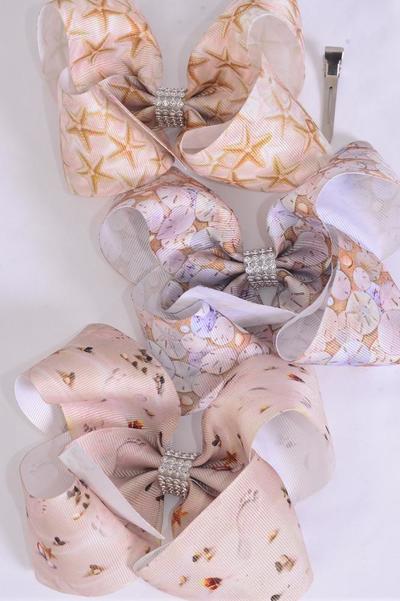 Hair Bow Jumbo Sandy Footprints Starfish Seashells Grosgrain Bow-tie /  12 pcs Bow = Dozen  Alligator Clip , Bow - 6" x 5" Wide , 4 of each Pattern Asst , Clip Strip & UPC Code