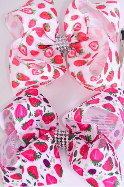 Hair Bow Jumbo Strawberry Grosgrain Bow-tie / 12 pcs Bow = Dozen Alligator Clip , Size - 6" x 5" Wide , 6 of each Pattern , Clip Strip & UPC Code