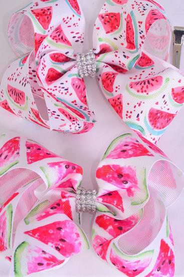 Hair Bow Jumbo Watermelon Grosgrain Bow-tie / 12 pcs Bow = Dozen Alligator Clip , Size - 6" x 5" Wide , 6 of each Pattern , Clip Strip & UPC Code