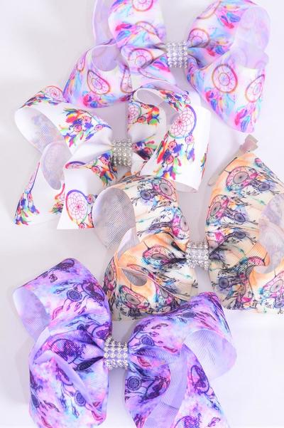 Hair Bow Jumbo Dream Catcher Grosgrain Bowtie / 12 pcs = Dozen Alligator Clip , Size-6"x 5" Wide , 3 Of each Pattern Asst , Clip Strip & UPC Code