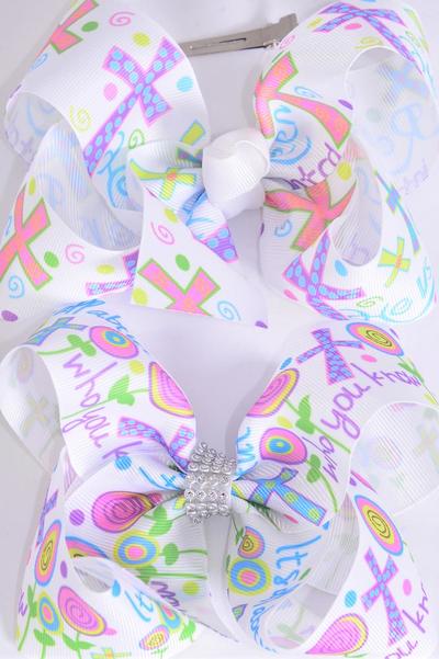 Hair Bow Jumbo Jesus Loves me Hair Bow Grosgrain Bow-tie / Dozen Alligator Clip , Size-6"x 5" Wide , 6 of each Pattern Asst , Clip Strip & UPC Code