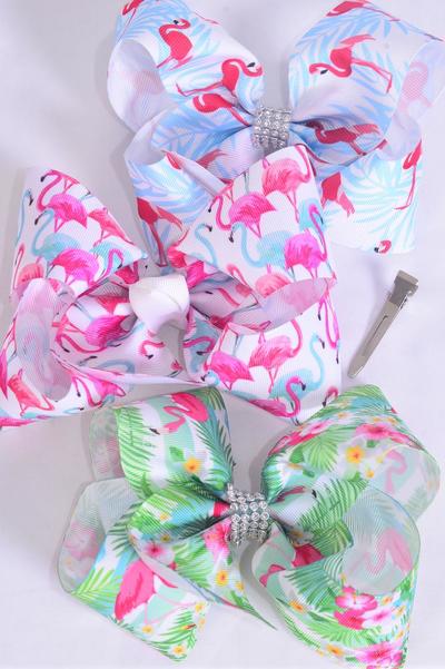 Hair Bow Jumbo Flamingo Grosgrain Bow-tie / 12 pcs Bow = Dozen Alligator Clip , Size - 6" x 5" Wide , 4 of each Pattern Asst , Clip Strip & UPC Code