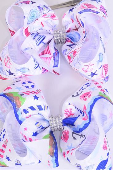 Hair Bow Jumbo Nautical Anchor Grosgrain Bow-tie /  12 pcs Bow = Dozen  Alligator Clip , Size - 6" x 5" Wide , 6 Of Each Pattern Asst , Clip Strip and UPC Code