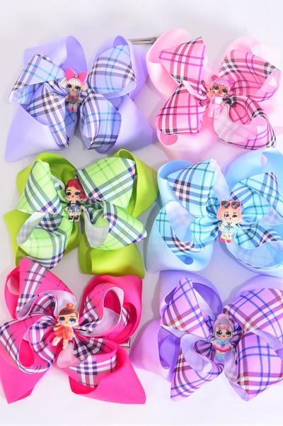 Hair Bow Jumbo Double Layered Plaid LOL Doll Charms Multi / 12 pcs Bow = Dozen Alligator Clip ,  Size - 6" x 6" Wide , 2 lavender , 2 Pink , 2 Lime , 2 Lavender , 2 Fuchsia , 2 Sky Blue Color Asst , Clip Strip and UPC Code