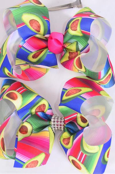 Hair Bow Jumbo Avocadorable Serape Pattern Grosgrain Bow-tie / 12 pcs Bow = Dozen Alligator Clip , Size - 6" x 5" Wide , Clip Strip & UPC Code