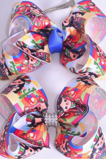 Hair Bow Jumbo Serape Pattern Latina Grosgrain Bow-tie / 12 pcs Bow = Dozen Alligator Clip , Size- 6" x 5" Wide , Clip Strip & UPC Code