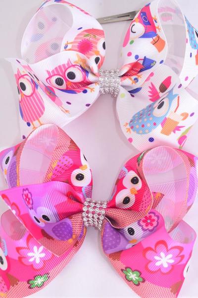 Hair Bow Jumbo Cute Owl Grosgrain Bow-tie / 12 pcs Bow = Dozen Alligator Clip , Size - 6" x 5" Wide , 6 Of Each Pattern Asst , Clip Strip & UPC Code