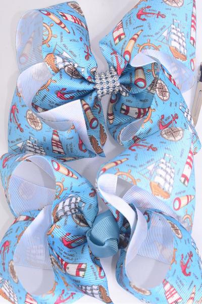 Hair Bow Jumbo Anchor Nautical Grosgrain Bow-tie / 12 pcs Bow = Dozen Alligator Clip , Size - 6" x 5" Wide , Clip Strip and UPC Code