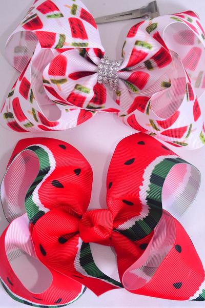 Hair Bow Jumbo Watermelon Popsicle Pattern Mix Grosgrain Bow-tie / 12 pcs Bow = Dozen Alligator Clip , Size - 6" x 5" Wide , 6 of each Pattern Asst , Clip Strip & UPC Code