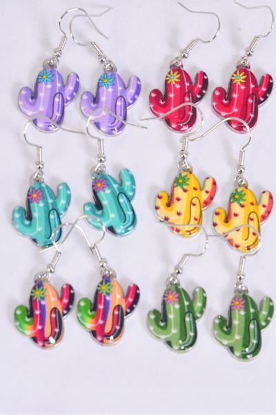 Earrings Cactus Enamel Color Asst / 12 pair = Dozen  Fish Hook , 2 Of each Pattern Asst , Earring Card & OPP Bag & UPC Code