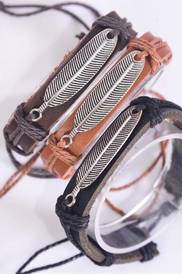 Bracelet Real Leather Band Feather Symbol / 12 pcs = Dozen Unisex , Adjustable , 4 of each Pattern Asst , Hang tag & OPP Bag & UPC Code