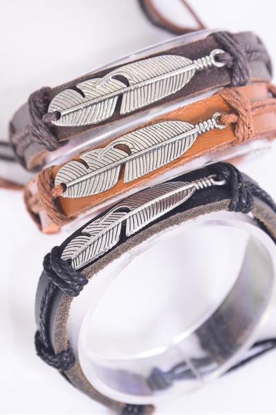 Bracelet Real Leather Silver Feather Symbol / 12 pcs = Dozen Unisex , Adjustable , 4 of each Pattern Asst , Hang Tag & OPP Bag & UPC Code