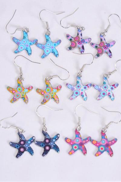 Earrings Starfish Enamel Color Asst / 12 pair = Dozen Match 27711 Fish Hook , 2 Of each Pattern Asst , Earring Card & OPP Bag & UPC Code