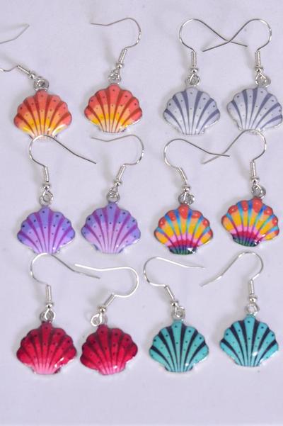 Earrings Shell Enamel Color Asst / 12 pair = Dozen Fish Hook , 2 Of each Pattern Asst , Earring Card & OPP Bag & UPC Code