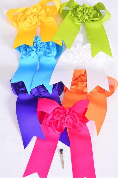 Hair Bow Jumbo Long Tail Center Large Flower Grosgrain Bow-tie / 12 pcs Bow = Dozen  Alligator Clip , Size - 6.5" x 6" , 2 White , 2 Hot Pink , 2 Blue , 2 Purple , 2 Yellow , 1 Orange , 1 Lime Color Asst , Clip Strip & UPC Code