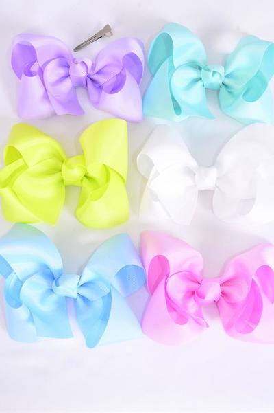Hair Bow Jumbo Spring Breeze Grosgrain Bow-tie / 12 pcs Bow = Dozen  Alligator Clip , Size - 6" x 5" Wide , 2 Lime , 2 White , 2 Sky Blue , 2 Pink , 2 Lavender , 2 Mint Green Color Asst , Clip Strip and UPC Code