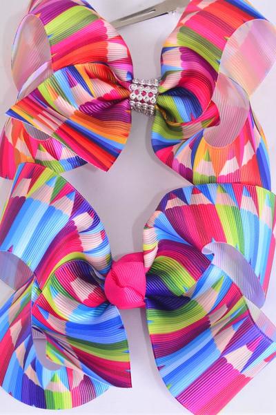 Hair Bow Jumbo Back to School Color Pencil Grosgrain Bow-tie / 12 pcs Bow = Dozen Alligator Clip , Size-6"x 5" Wide , 6 of each Pattern Asst , Clip Strip & UPC Code