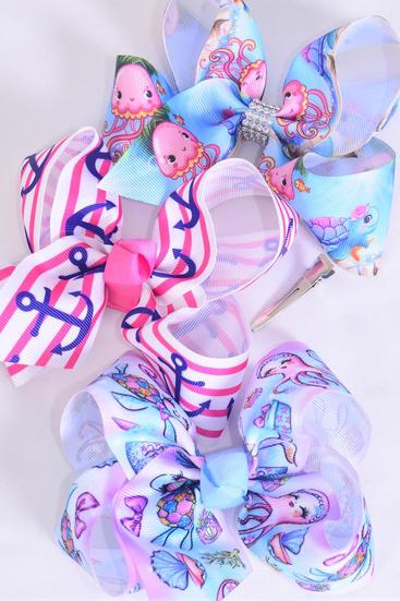 Hair Bow Jumbo Happy Turtle Octopus Nautical Anchor Mix Grosgrain Bow-tie / 12 pcs Bow = Dozen Alligator Clip , Size - 6" x 5" Wide , 6 Of Each Pattern Asst , Clip Strip and UPC Code