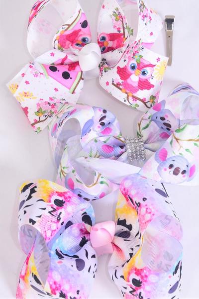 Hair Bow Jumbo Owl Zebra Koala Bear Mix Grosgrain Bow-tie / 12 pcs Bow = Dozen Alligator Clip , Size-6"x 5" Wide , 4 Of Each Pattern Asst , Clip Strip & UPC Code