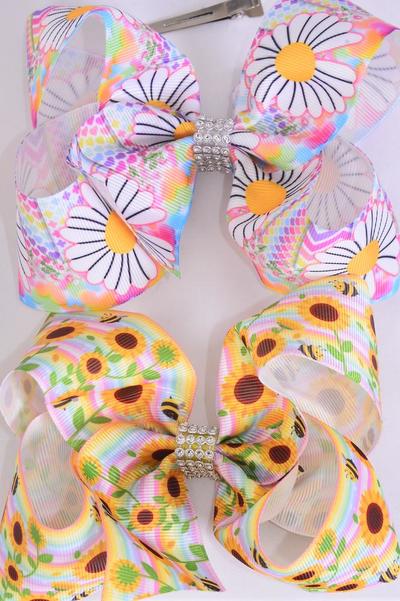 Hair Bow Jumbo Flower Happy Daisy & Sunflower Mix Grosgrain Bow-tie / 12 pcs Bow = Dozen Alligator Clip , Size - 6" x 5" Wide , 6 of each Pattern Asst , Clip Strip & UPC Code