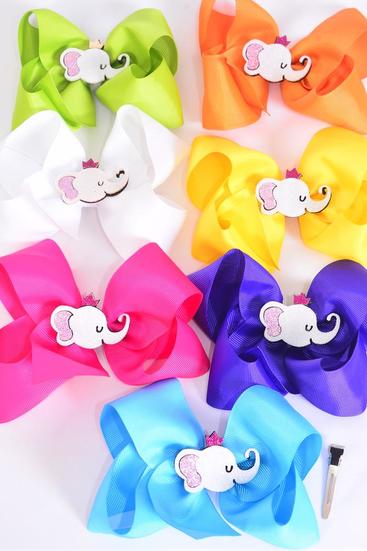 Hair Bow Jumbo Metallic Elephant Charm Citrus Grosgrain Bow-tie / 12 pcs Bow = Dozen  Alligator Clip , Size - 6" x 5" Wide , 2 Fuchsia , 2 Turquoise , 2 White , 2 Purple , 2 Yellow , 1 Orange , 1 Lime Color Asst , Clip Strip & UPC Code