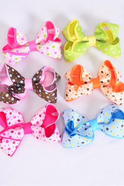 Hair Bow Double Layered Polka dots Grosgrain Bow-tie Multi / 12 pcs Bow = Dozen Alligator Clip , Size - 3.5" x 2.5" Wide , 2 of each Color Asst , Clip Strip & UPC Code