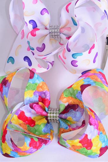 Hair Bow Jumbo Gummy Bear & Jelly Bean Candies  Mix Grosgrain Bow-tie / 12 pcs Bow = Dozen Alligator Clip , Size - 6" x 5" Wide , 6 Of Each Pattern Asst , Clip Strip & UPC Code