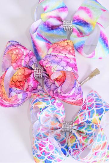 Hair Bow Jumbo Mermaid Scale Tiedye Gradient Grosgrain Bow-tie / 12 pcs Bow = Dozen  Alligator Clip , Size - 6" x 5" Wide , 4 Of Each Pattern Asst , Clip Strip & UPC Code