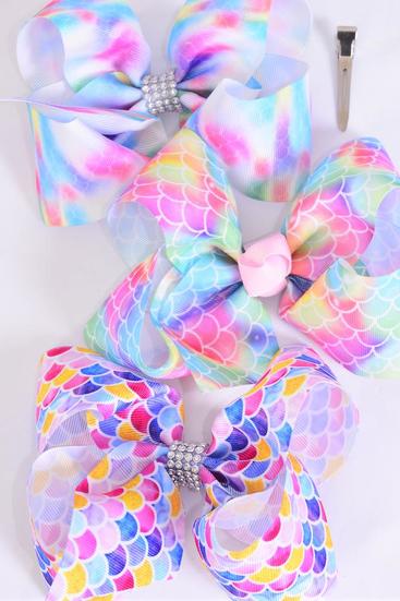 Hair Bow Jumbo Mermaid Scale Tiedye Gradient Grosgrain Bow-tie / 12 pcs Bow = Dozen  Mermaid Scale , Alligator Clip , Size - 6" x 5" Wide , 4 Of Each Pattern Asst , Clip Strip & UPC Code