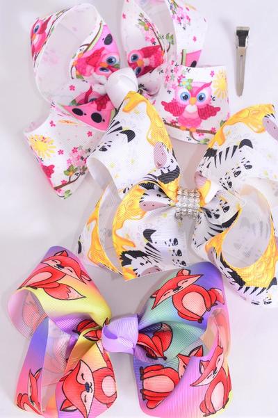 Hair Bow Jumbo Owl Fox Zebra Mix Grosgrain Bow-tie / 12 pcs Bow = Dozen Alligator Clip , Size - 6" x 5" Wide , 4 Of Each Pattern Asst , Clip Strip & UPC Code