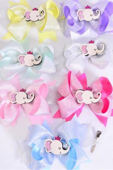 Hair Bow Jumbo Double Layered Metallic Elephant Grosgrain Bow-tie Pastel / 12 pcs Bow = Dozen Alligator Clip , Size - 6" x 5" , 2 White , 2 Pink , 1 Blue , 1 Yellow , 2 Lavender , 2 Hot Pink , 2 Mint Color Asst , Clip Strip & UPC Code