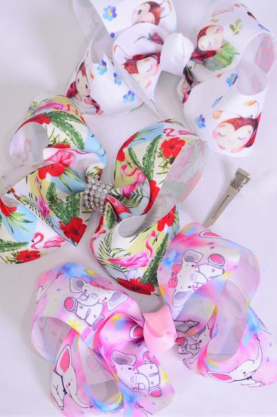 Hair Bow Jumbo Flamingo Ladybug Elephant Asst Grosgrain Bow-tie / 12 pcs Bow = Dozen  Alligator Clip , Size-6"x 5" Wide , 4 Of Each Pattern Asst , Clip Strip & UPC Code