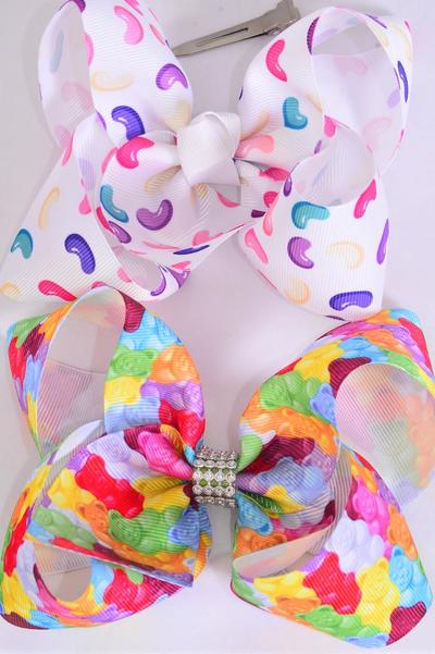 Hair Bow Jumbo Gummy Bear & Jelly Bean Candies  Mix Grosgrain Bow-tie / 12 pcs Bow = Dozen Size-6"x 5" Wide , Alligator Clip , 6 Of Each Pattern Asst , Clip Strip & UPC Code
