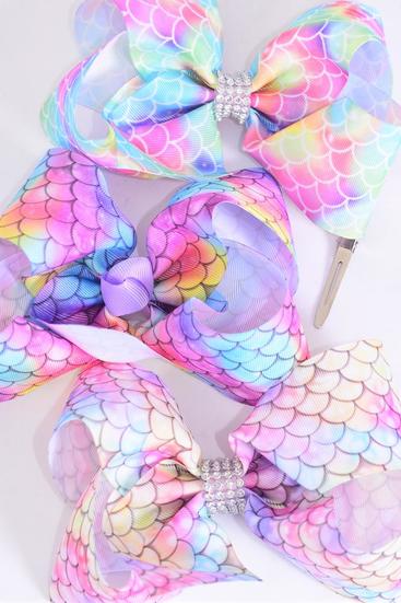 Hair Bow Jumbo Mermaid Scale Tiedye Gradient Grosgrain Bow-tie / 12 pcs Bow = Dozen Alligator Clip , Size - 6" x 5" Wide , 4 Of Each Pattern Asst , Clip Strip & UPC Code