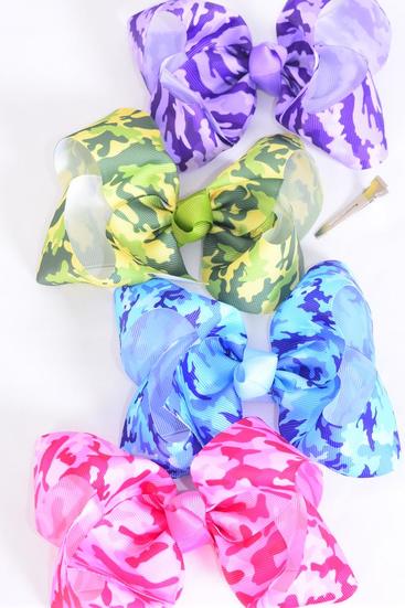 Hair Bow Jumbo Camouflage Grosgrain Bow-tie / 12 pcs Bow = Dozen  Camo , Alligator Clip , Size - 6" x 5" Wide , 3 Of each Color Asst , Clip Strip & UPC Code