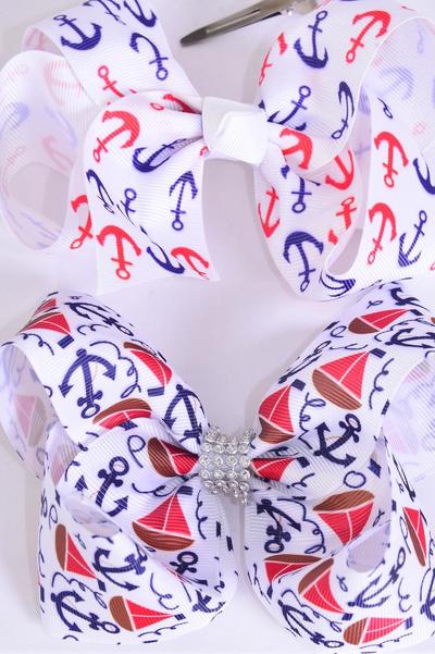 Hair Bow Jumbo Nautical Anchor Grosgrain Bow-tie / 12 pcs Bow = Dozen  Alligator Clip , Bow - 6" x 5" Wide , 6 Of each Pattern Asst , Clip Strip and UPC Code