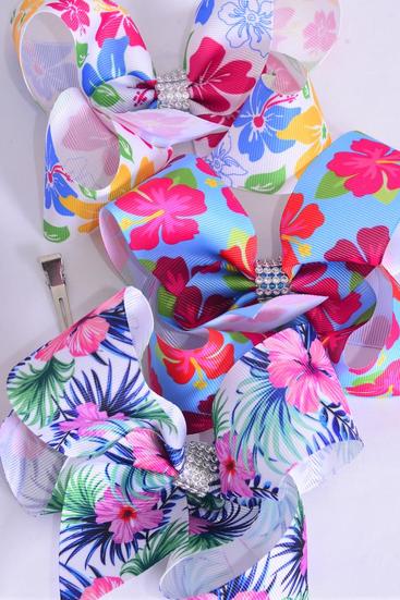Hair Bow Jumbo Tropic Flowers Mix Aloha Grosgrain Bow-tie / 12 pcs Bow = Dozen Aloha , Alligator Clip , Size - 6" x 5" Wide , 4 Of Each Pattern Asst , Clip Strip & UPC Code