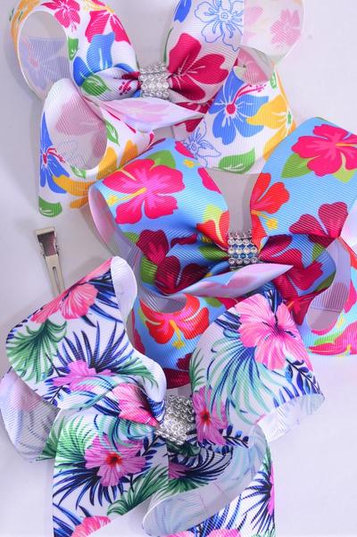 Hair Bow Jumbo Tropic Flowers Mix Aloha Grosgrain Bow-tie / 12 pcs Bow = Dozen Aloha , Alligator Clip , Size - 6" x 5" Wide , 4 Of Each Pattern Asst , Clip Strip & UPC Code