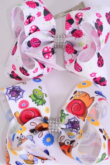 Hair Bow Jumbo Cute Snail Ladybug Spring Bugs Mix Grosgrain Bow-tie / 12 pcs Bow = Dozen Alligator Clip , Size - 6" x 5" Wide , 6 Of each Pattern Asst , Clip Strip & UPC Code