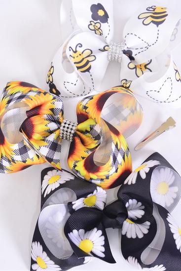 Hair Bow Jumbo Sunflower Honey Bee Daisy Flower Mix Grosgrain Bow-tie / 12 pcs Bow = Dozen Alligator Clip , Size - 6" x 5" Wide , 4 Of Each Pattern Asst , Clip Strip & UPC Code