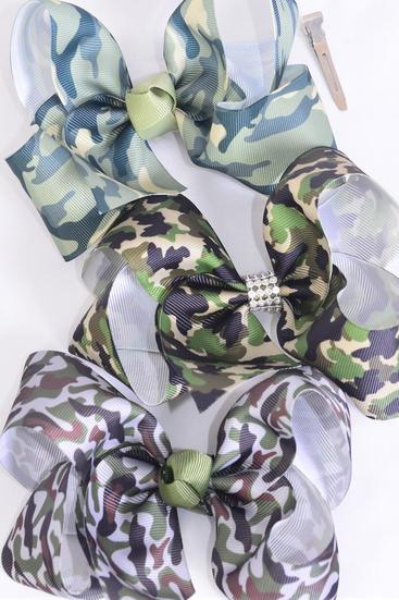 Hair Bow Jumbo Camouflage Grosgrain Bow-tie / 12 pcs Bow = Dozen Camo , Alligator Clip , Size - 6" x 5" Wide , 4 Of Each Pattern Asst , Hang Tag & UPC Code
